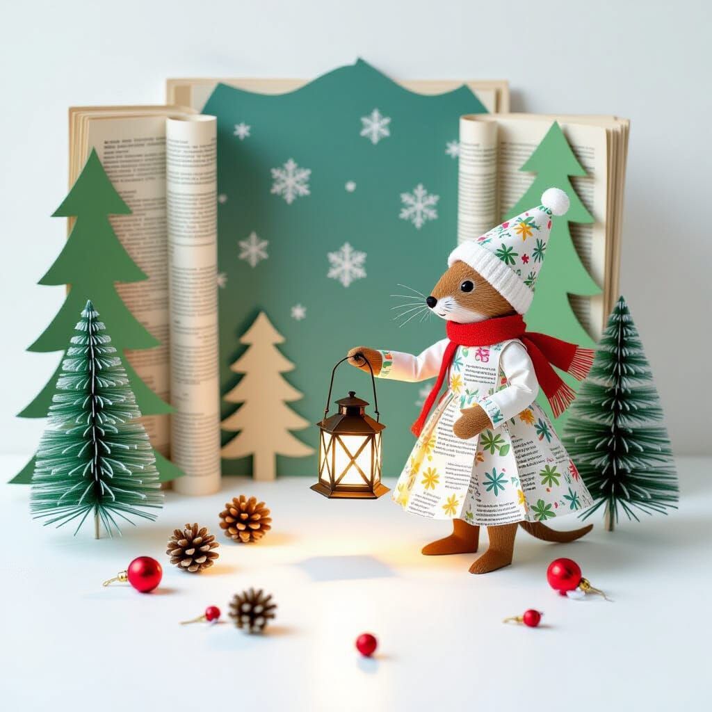 Winter Paper Forest Diorama with Festive Mouse