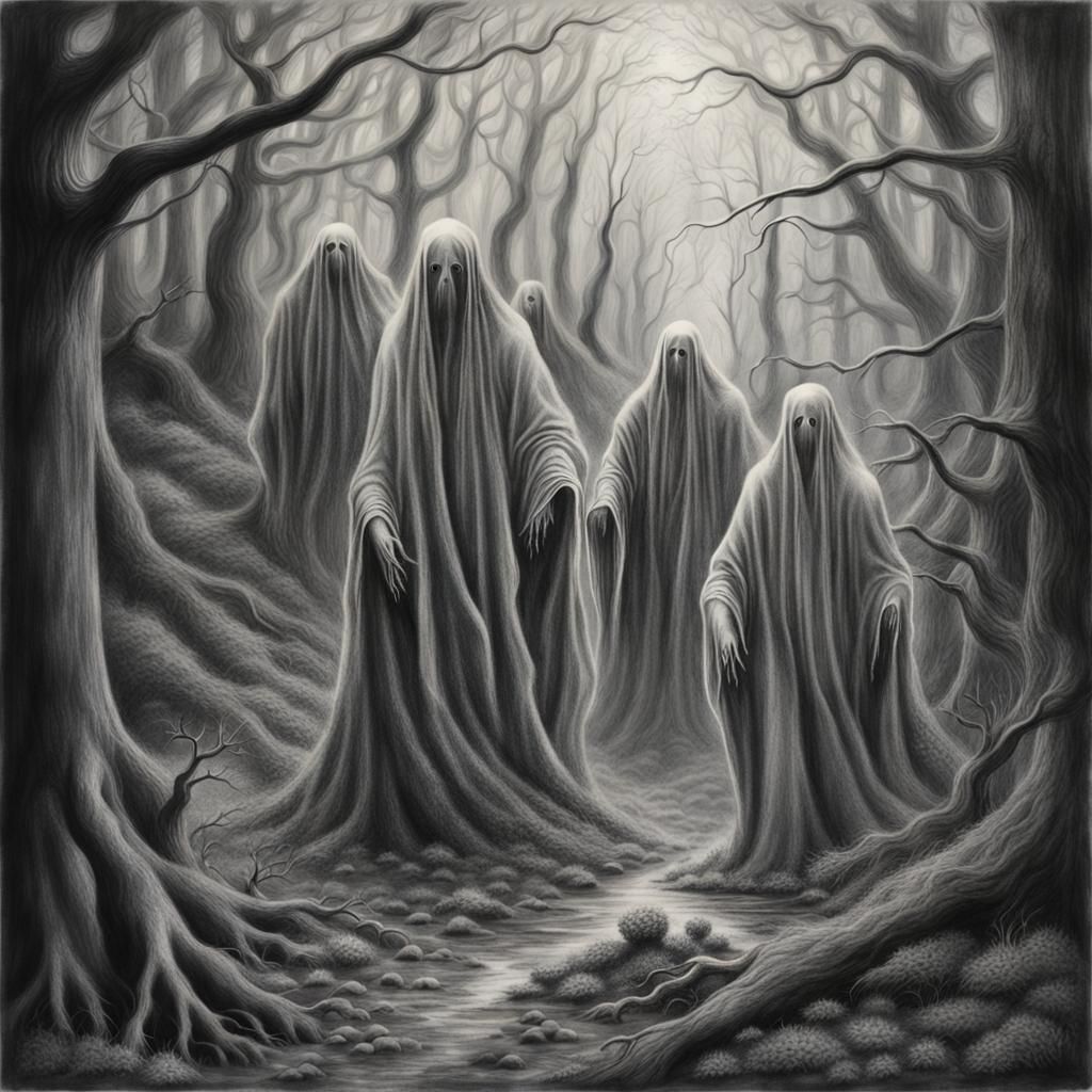 Eerie Ghosts in Forest: Black and White Pencil Drawing