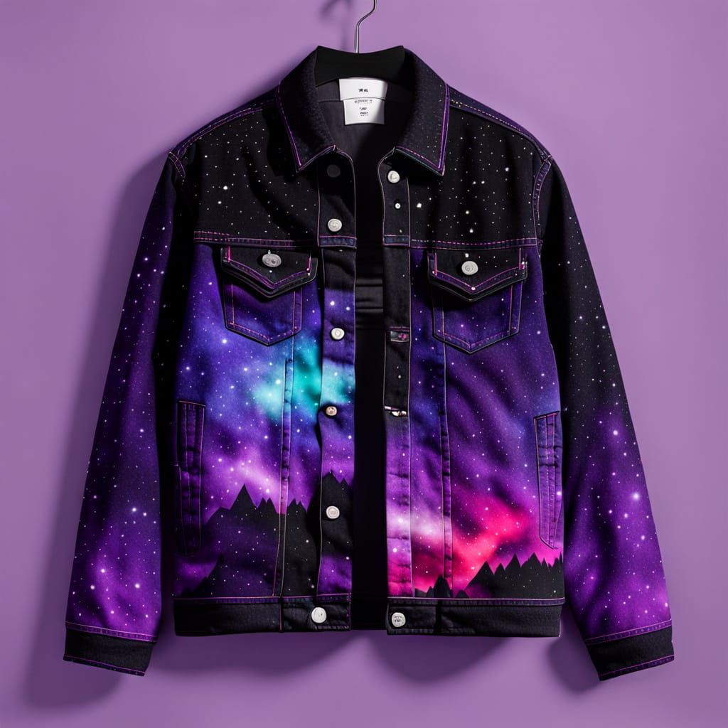 Vibrant Night Sky Denim Jacket on Hanger in Rich, Deep Blues