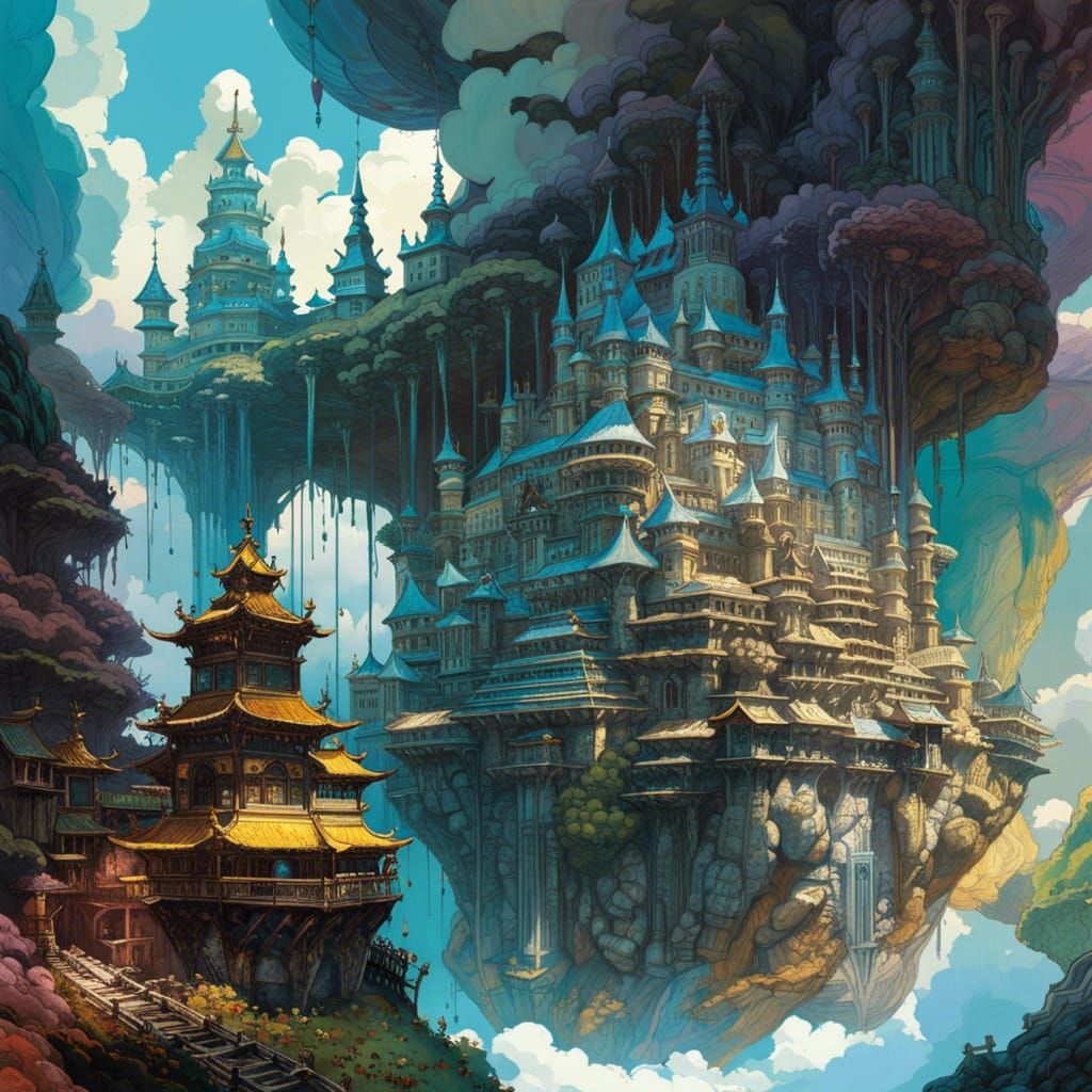 Floating Cloud Kingdom and Castle in Fantasy Style