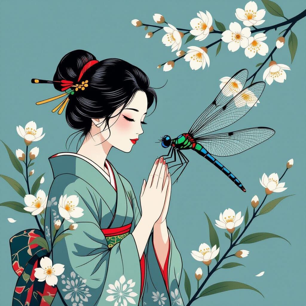 Serene Dragonfly in Prayer: Ukiyo-e Style
