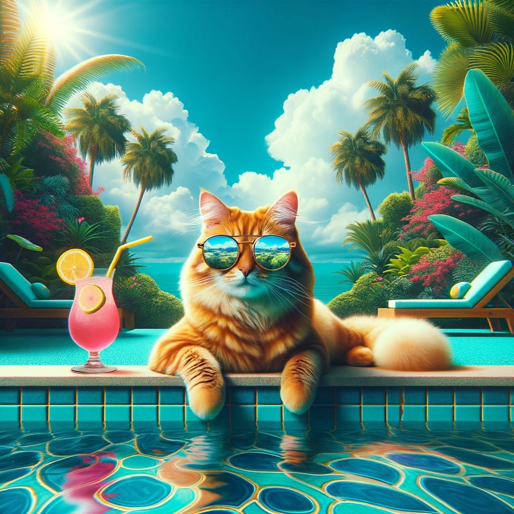Sunglasses Cat Lounging by an Aquamarine Pool