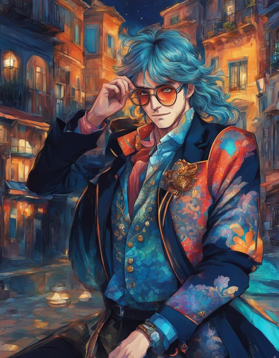 Anime Portrait in Spanish Town with Glass Flowers