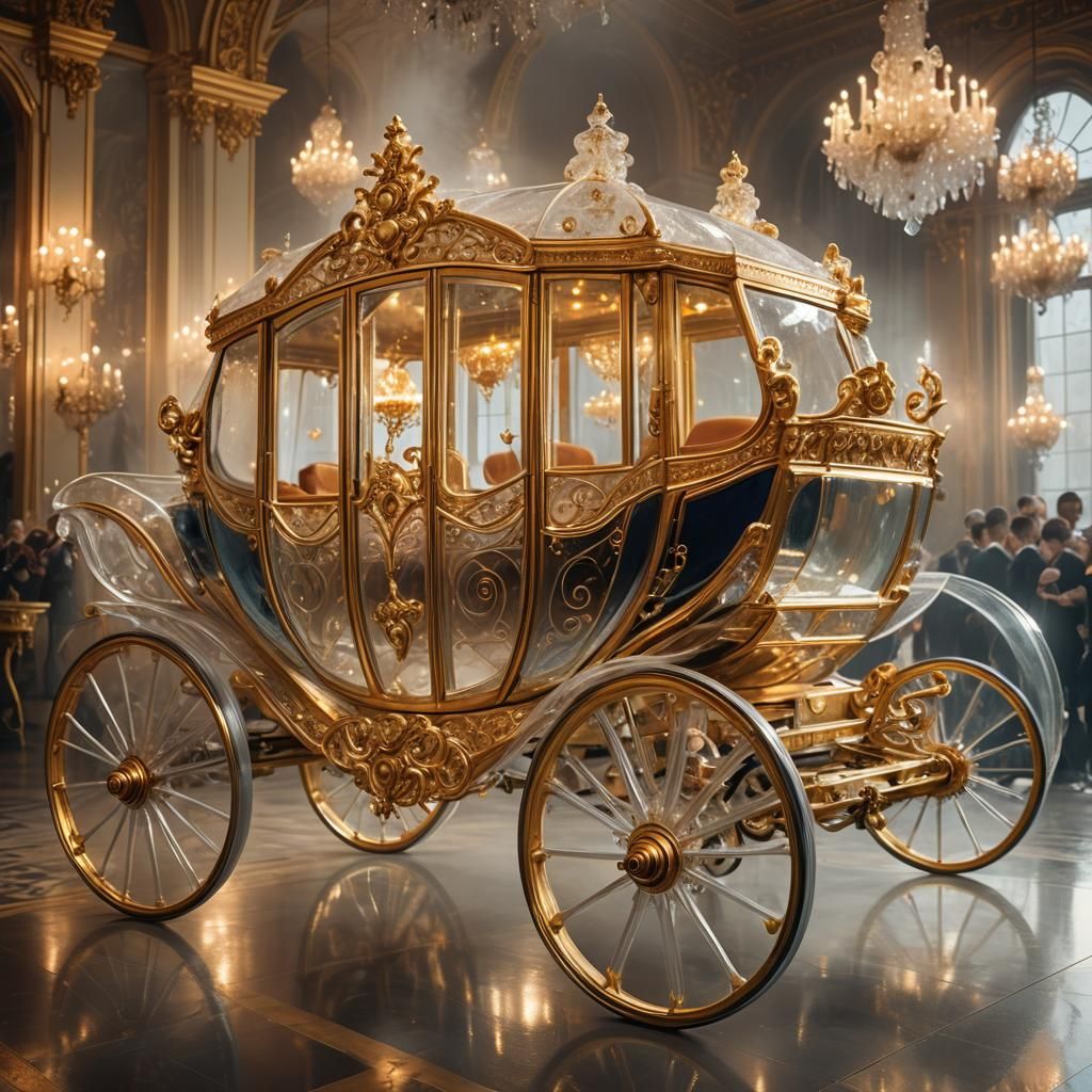 Glass Carriage in Misty Ballroom: Hyperrealistic Fantasy