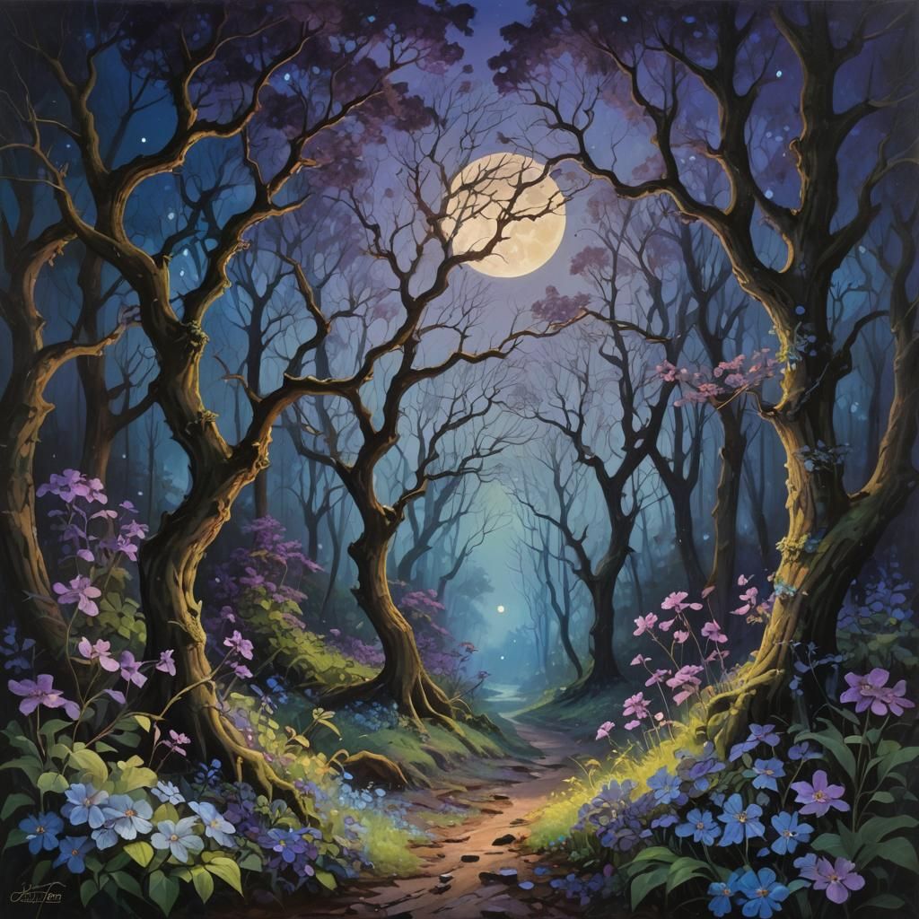 Mystical Flowers Bloom in Moonlit Forest, Oil Painting