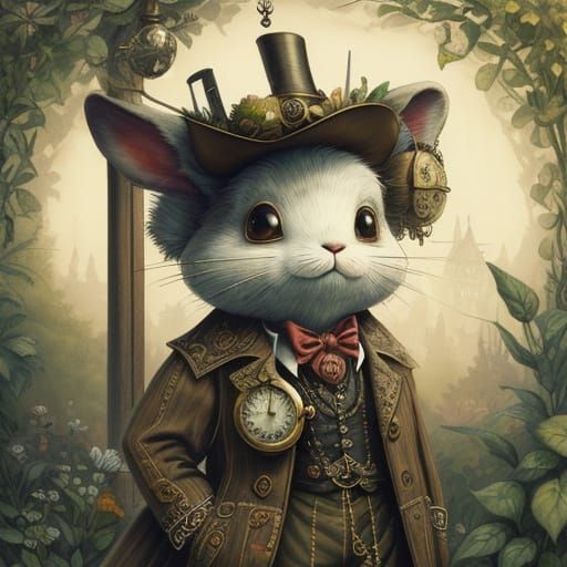 Whimsical Steampunk Rabbit in a Victorian Garden
