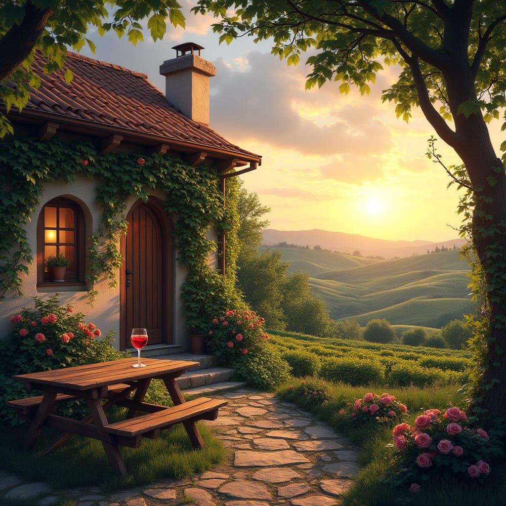 Idyllic Vineyard Scene in Sunset Glow