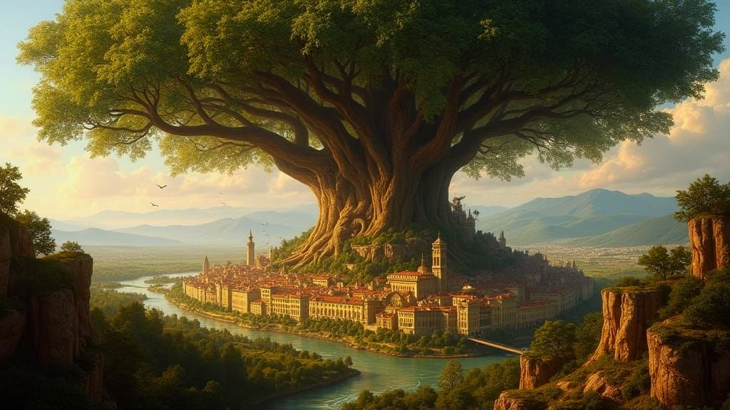 Gigantic Baroque Tree Envelops a Bustling City