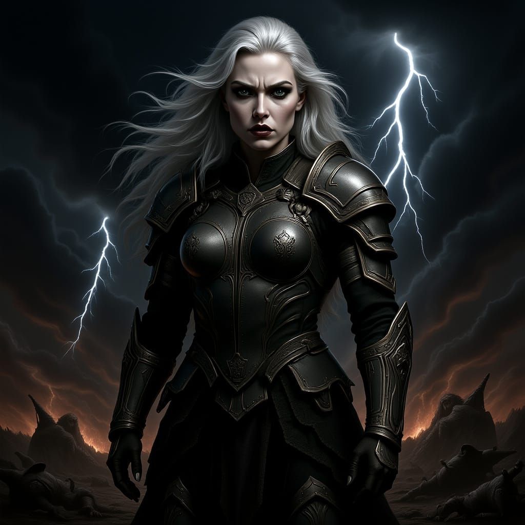 Valkyrie Warrior on Stormy Battlefield in Gothic Armor
