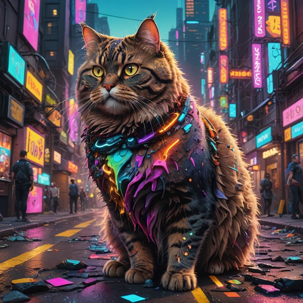 Colorful Fat Cat in Neon City Concept Art