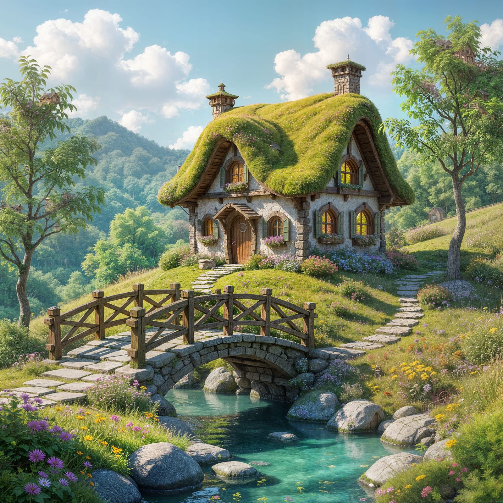 Charming Fairy Cottage on Hill in Anime Style