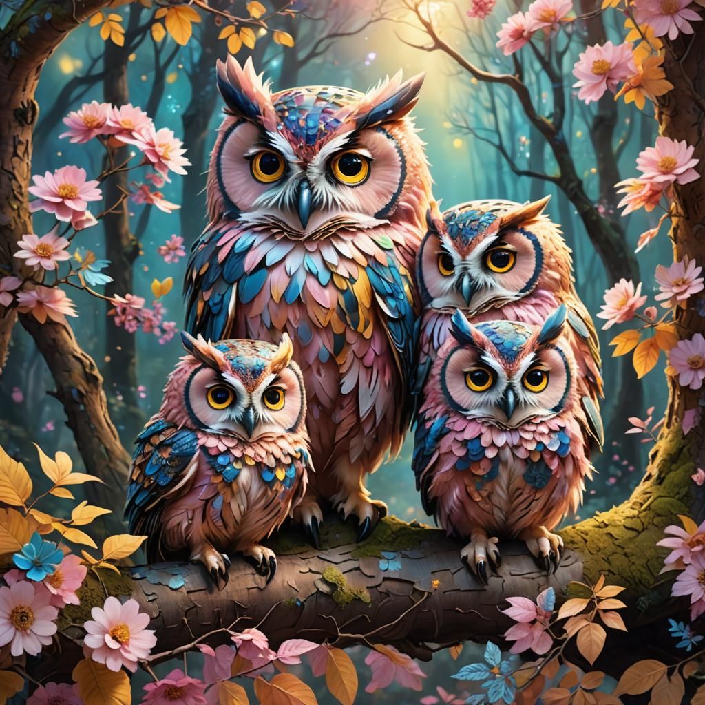Colorful Fluffy Owls in Magical Forest: Matte Painting