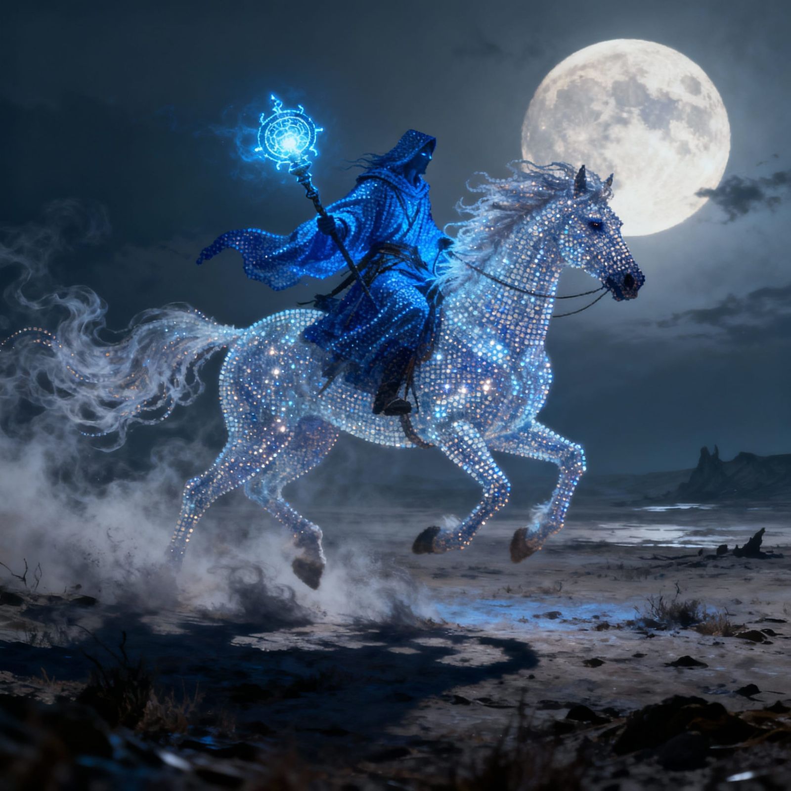 Mysterious Rider on Spectral Horse in Ethereal Mist