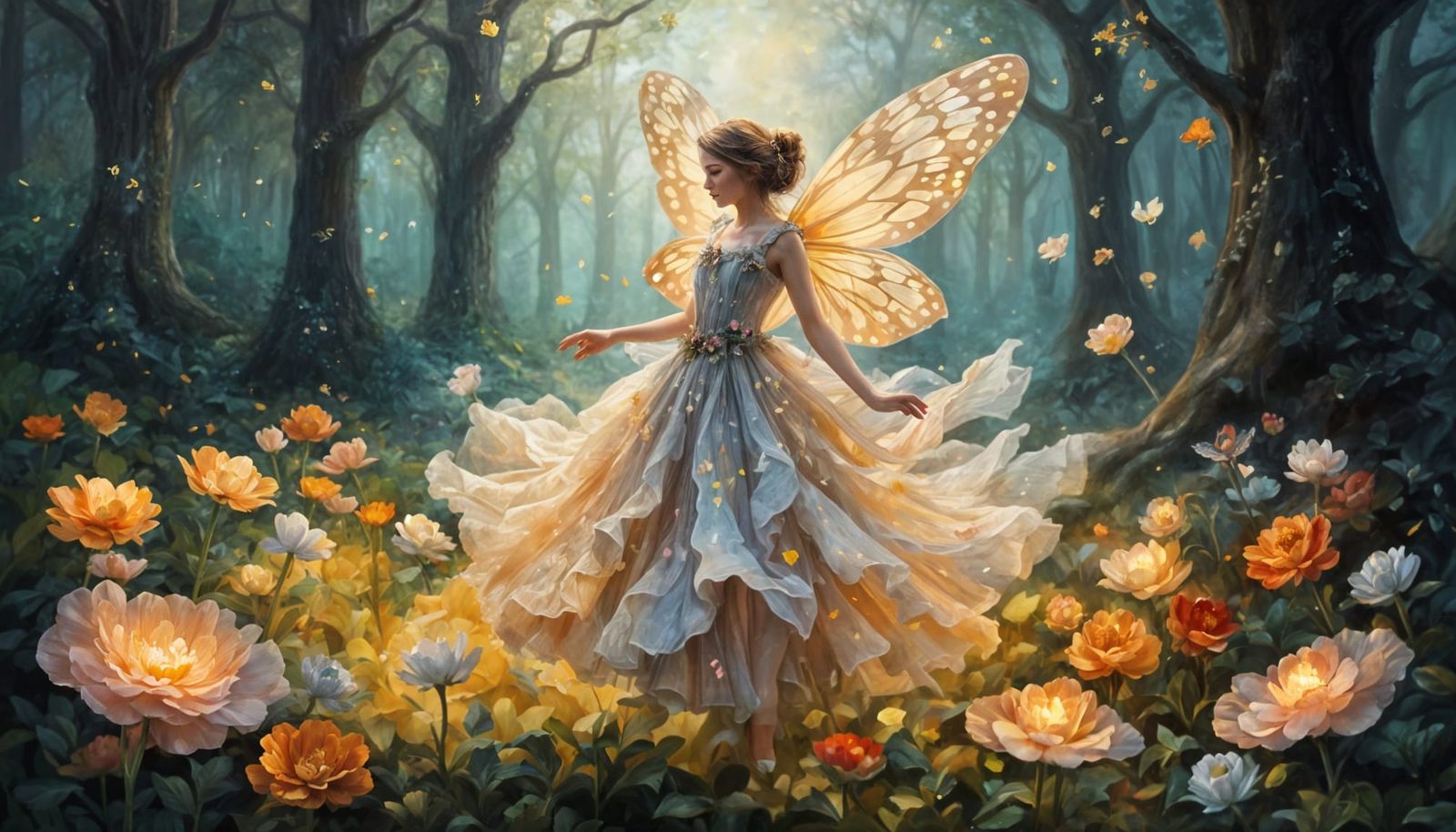 Elaborate Oil Painting of Fairy Dancing in Glowing Meadow