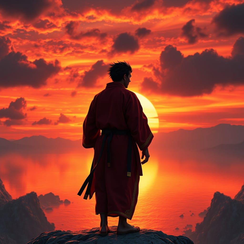 Cyberpunk Warrior Contemplates Sunset on Rocky Outcrop