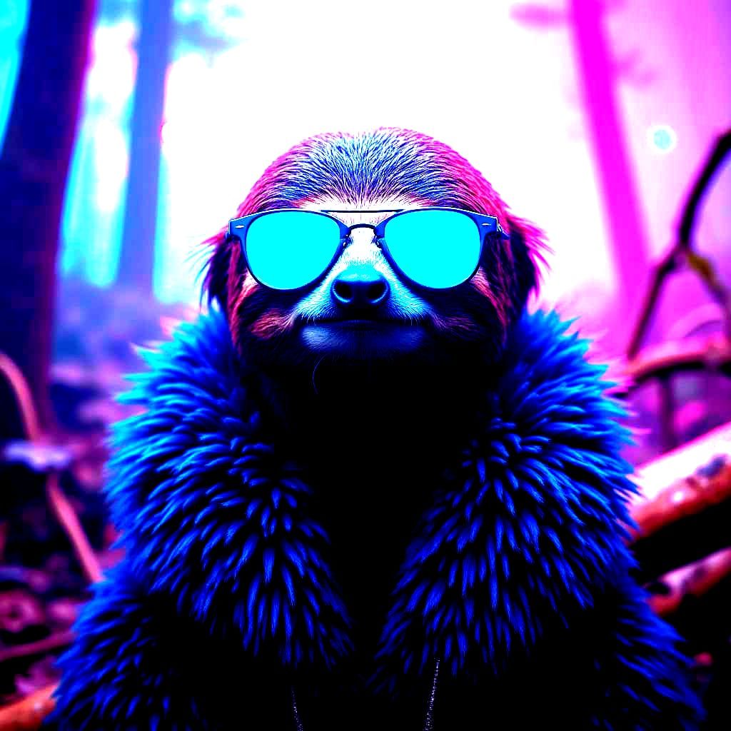 Cyberpunk Sloth in Misty Rainforest
