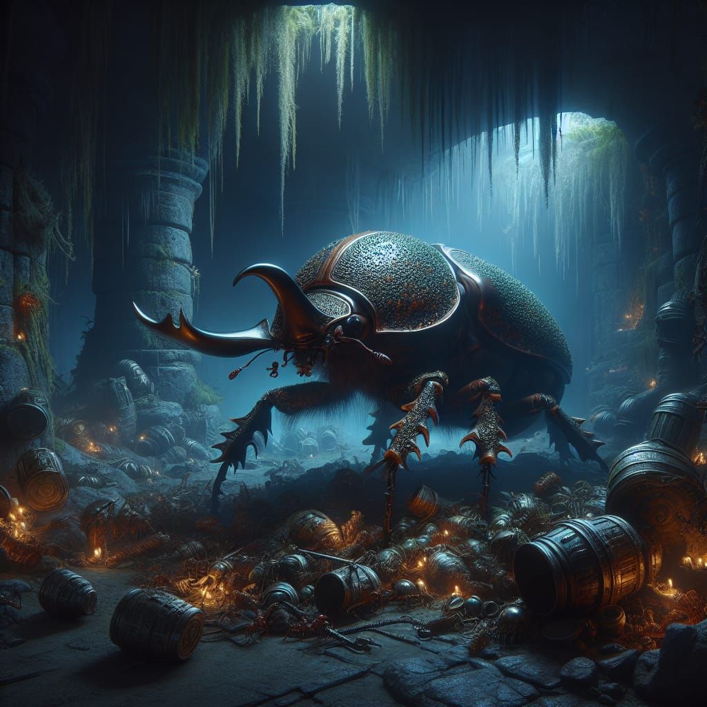 Fantasy Dungeon: Beetle-Crustacean Monster Consuming Armor