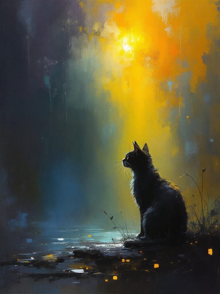 Black Cat in Golden Light Amidst Misty Turbulance