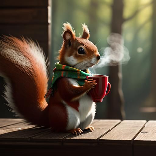 Red Squirrel Enjoys Coffee in Hyperrealistic Style