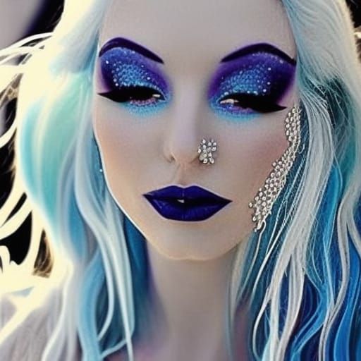 Ethereal Ice Queen with pure white hair with ice blue highli...