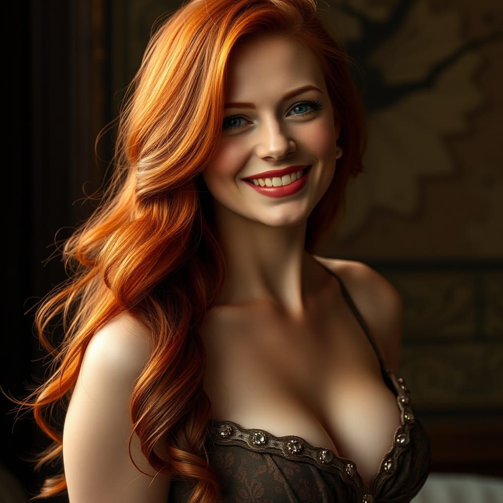 Redhead Woman's Joyful Portrait in Art Nouveau Style