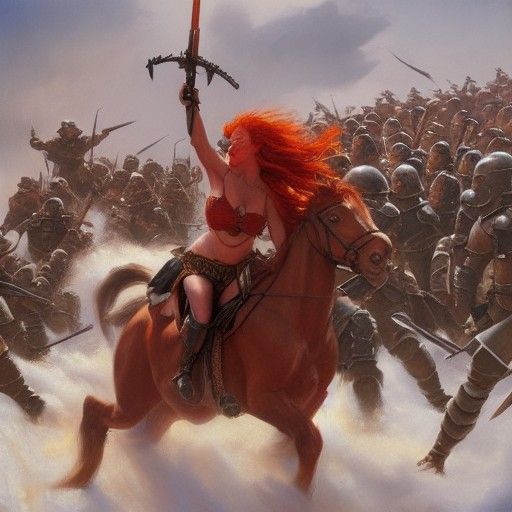 Redhead Female General Leads Troops: Oil Painting