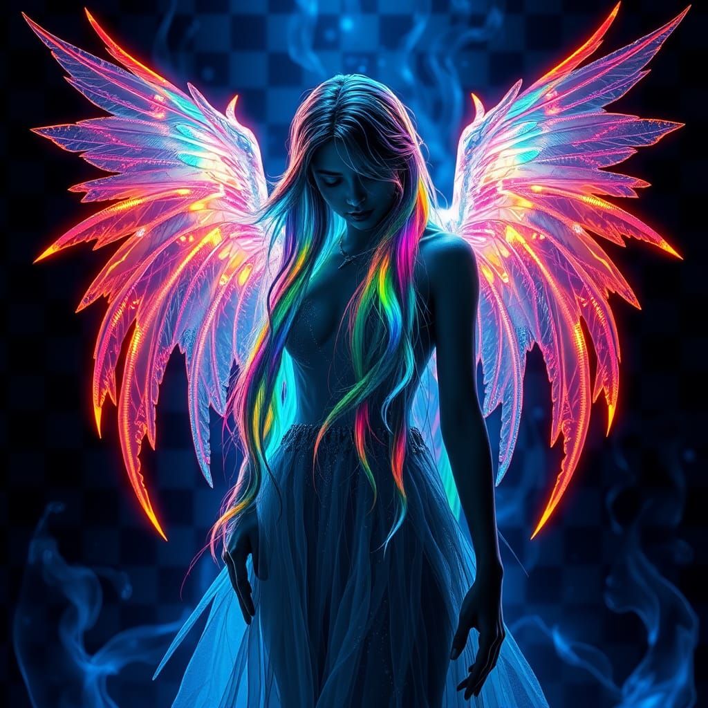 Ethereal Shadow Figure with Neon Hair and Wings