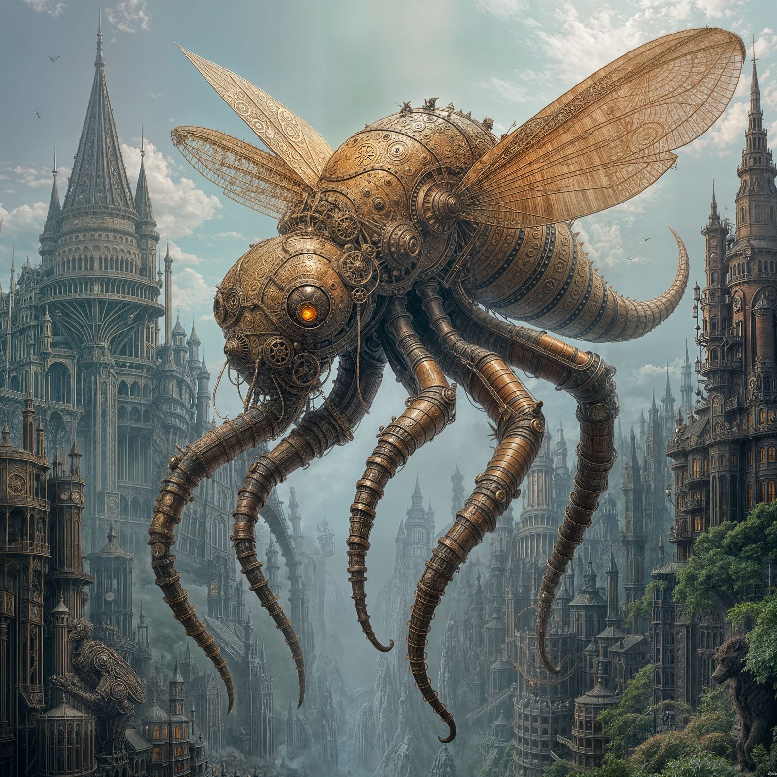 Mystical Steampunk Creature in Industrial Metropolis