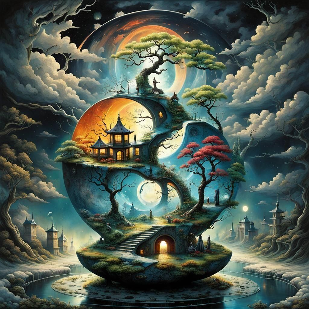 Surreal Bonsai Stargate Scene in Digital Art Style