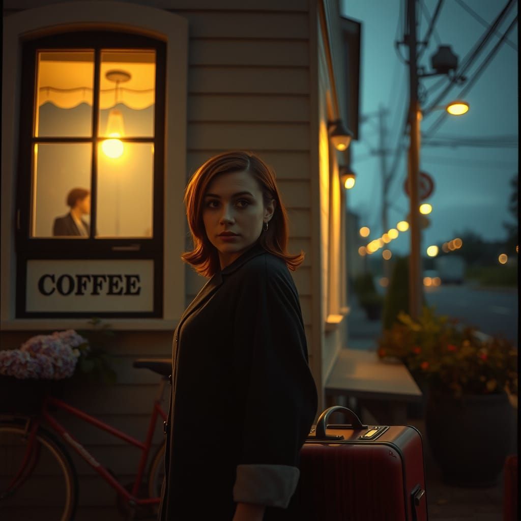 Twilight Scene with Woman and Coffee Shop
