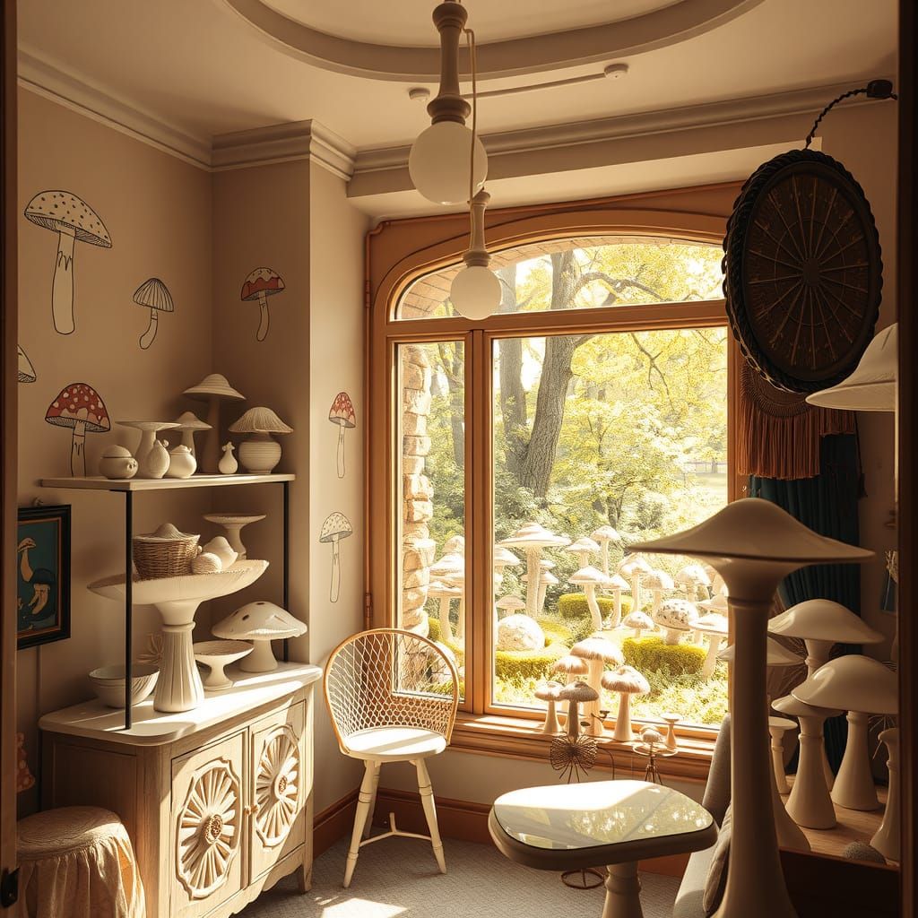 Whimsical Boutique Interior with Mushroom Prints and Porcela...