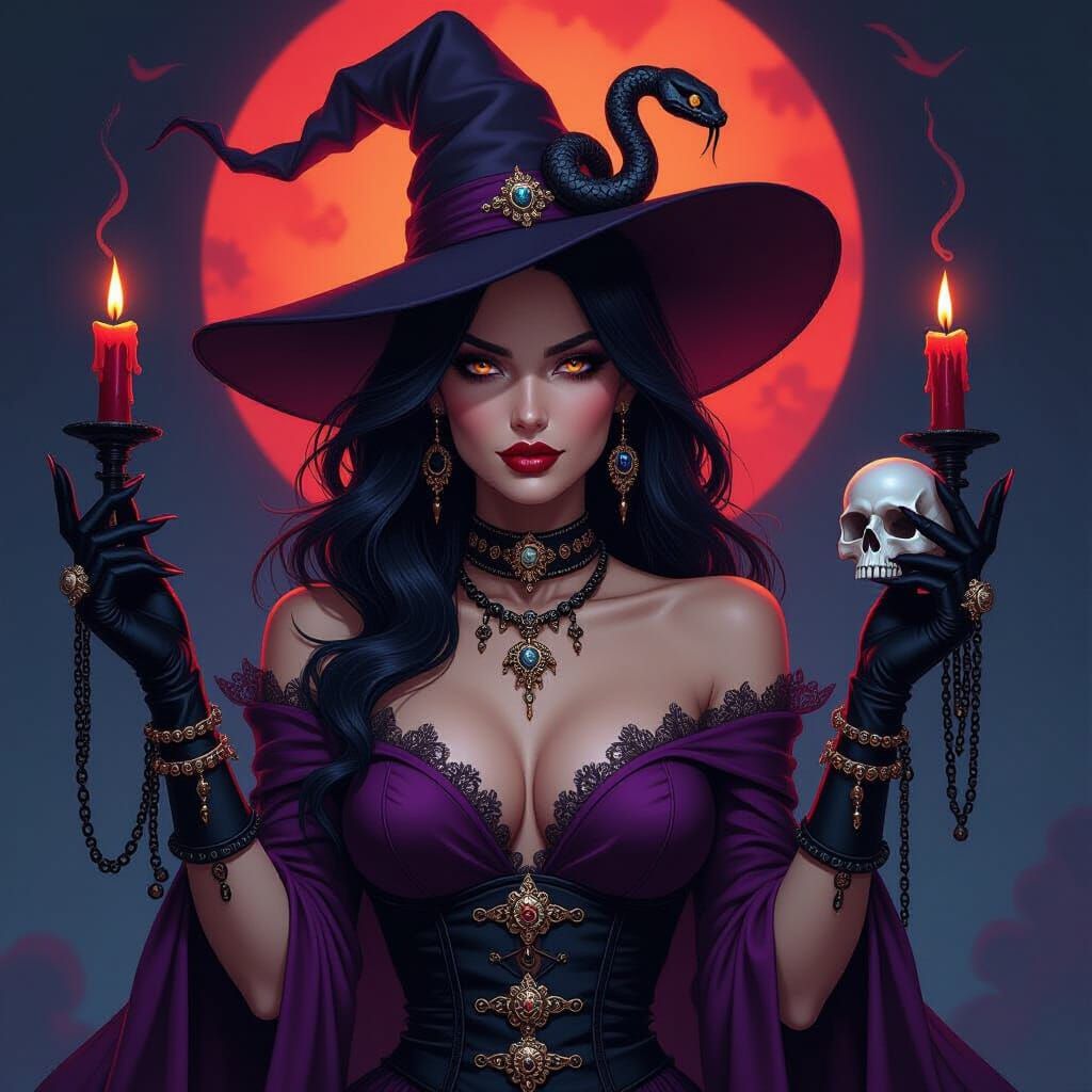 Beautiful Witch with Serpent Accessories in Dark Fantasy Sty...