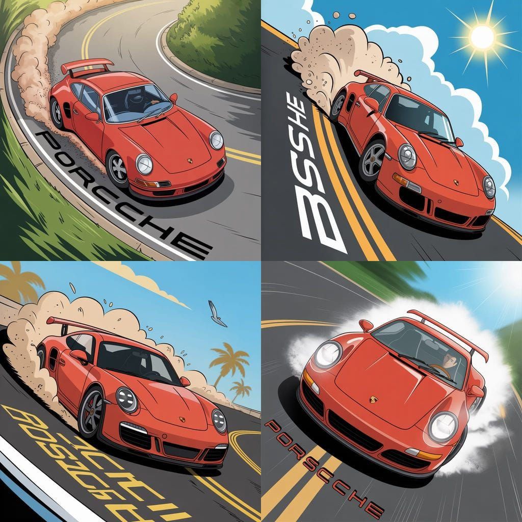 Cartoon Porsche Skidding Around Corner: Top-Down View