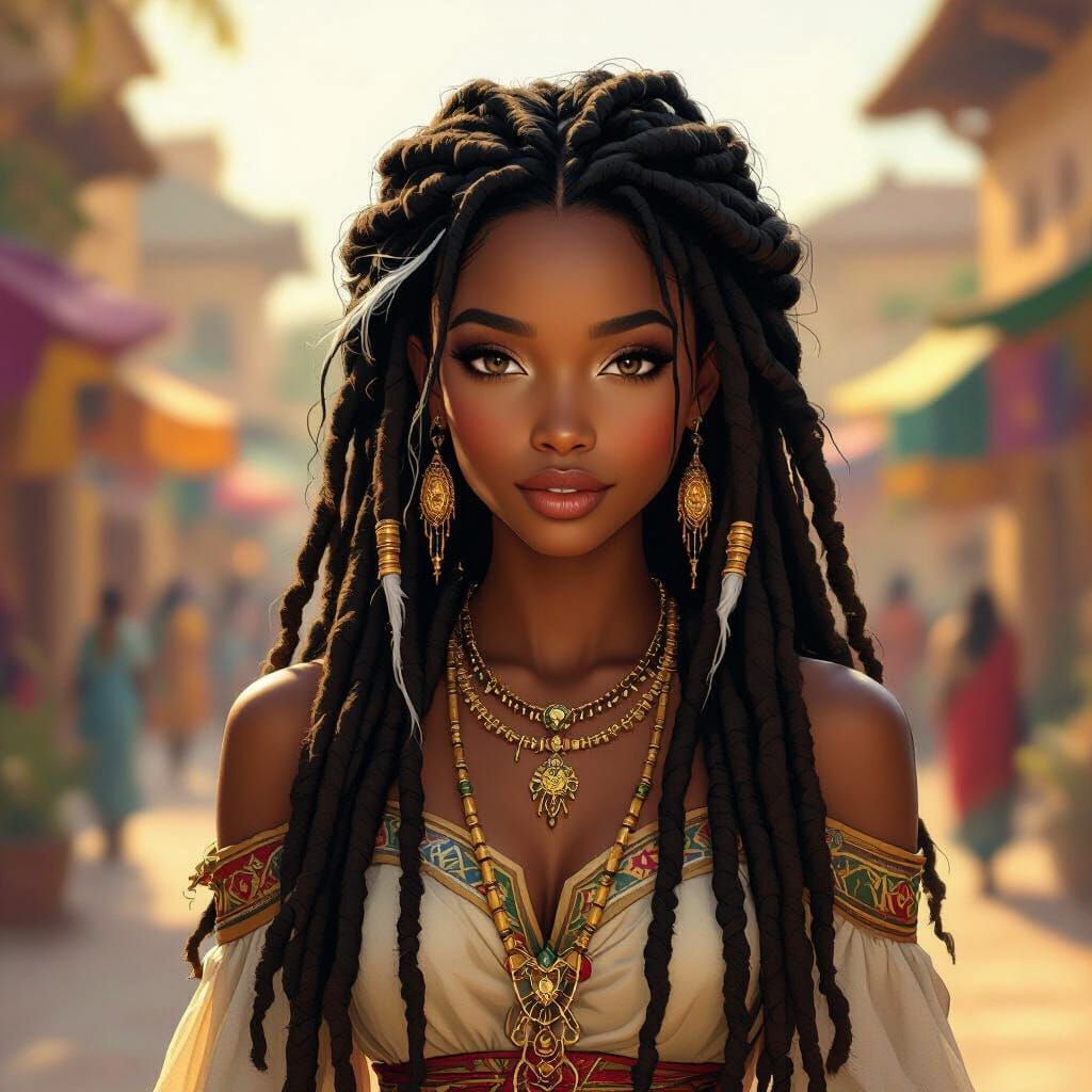 African Princess with White Hair Strand in Golden Hour Light