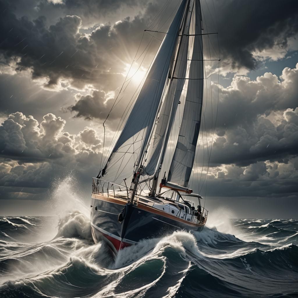 Sailing Yacht in Stormy Seas: Hyper-Realistic Digital Art