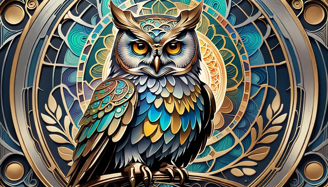 Art Nouveau Owl of Life with Paintbrush
