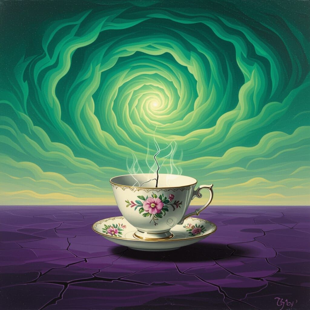 Surreal Landscape with Floating Teacup in Magritte Style
