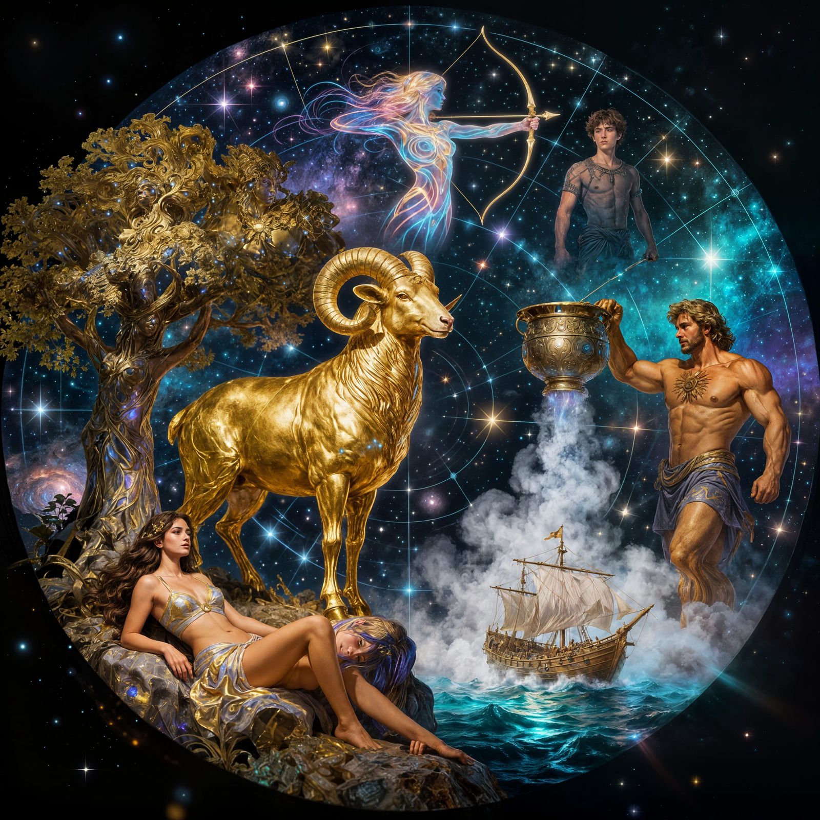 Golden Fleece Myth on Star Map Illustration