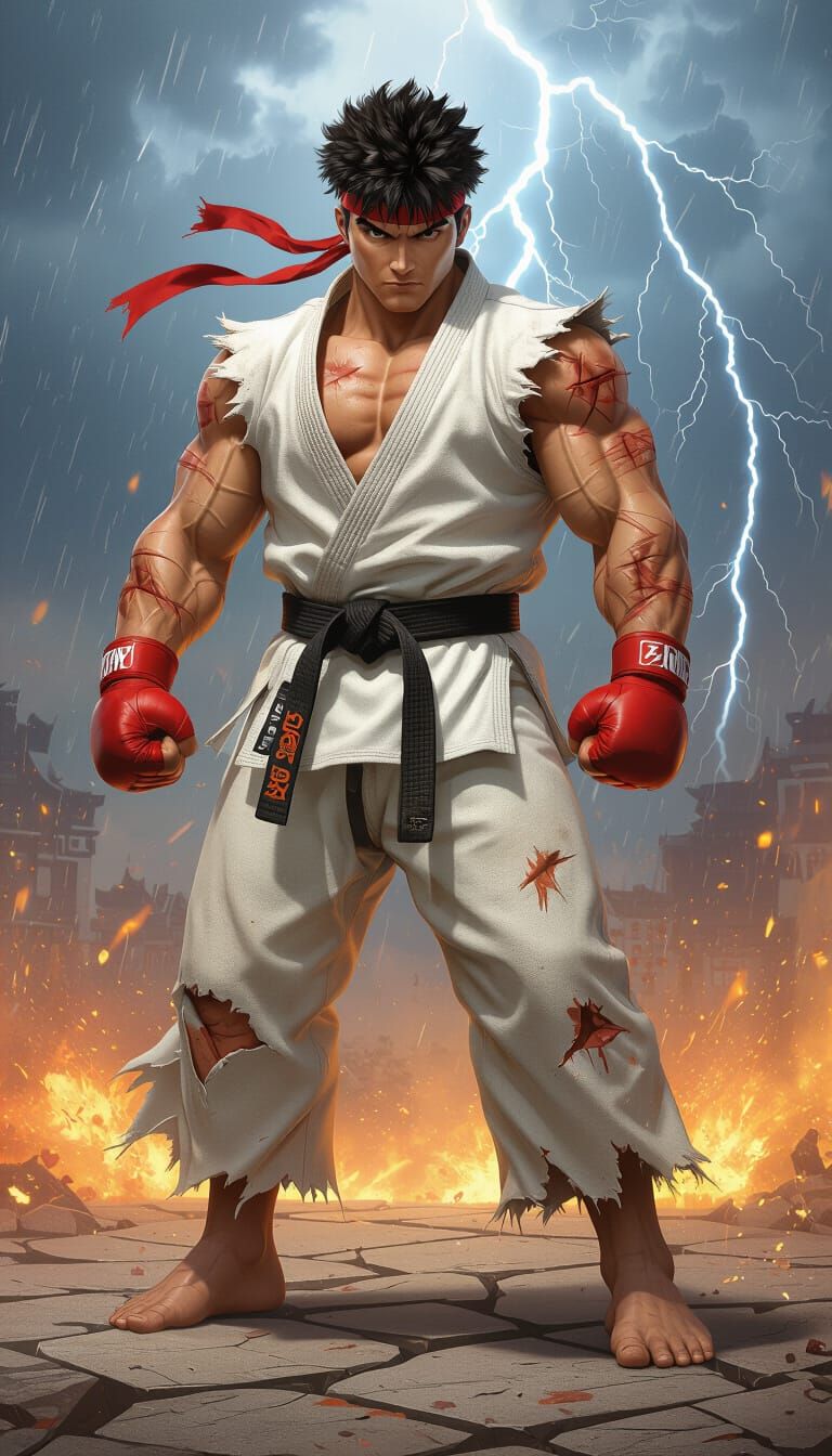 Ryu's Hadouken: Hyper-realistic Martial Artist in Storm