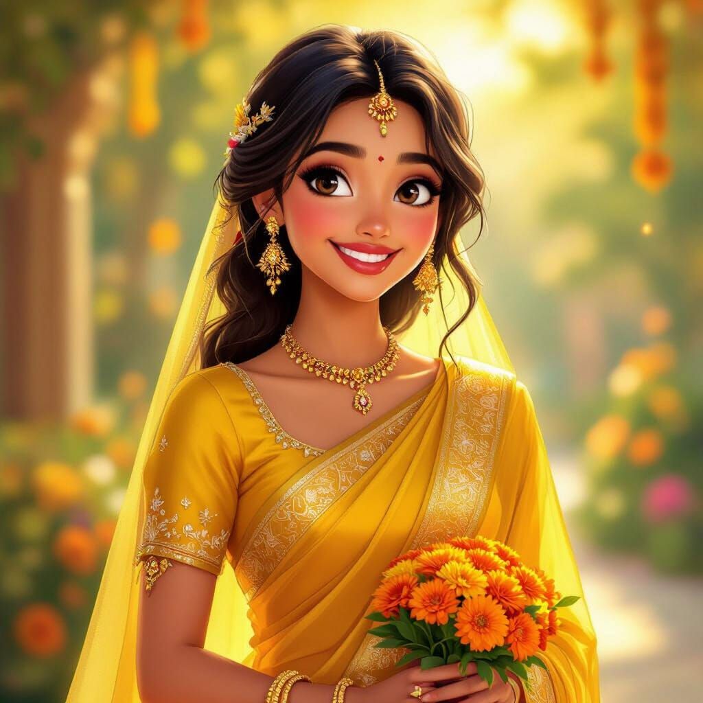 Joyful Bride in Shimmering Yellow Saree, Disney Princess Sty...