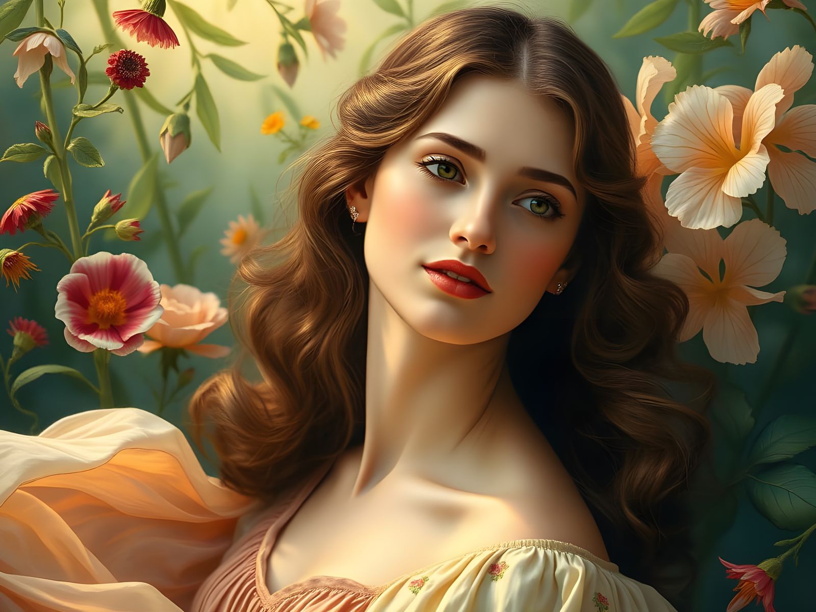 Botticelli-Inspired Renaissance Woman in Lush Greenery