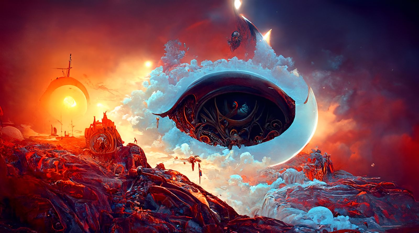 Sinister Mechanical Planet with UFO in Hyperdetailed Style