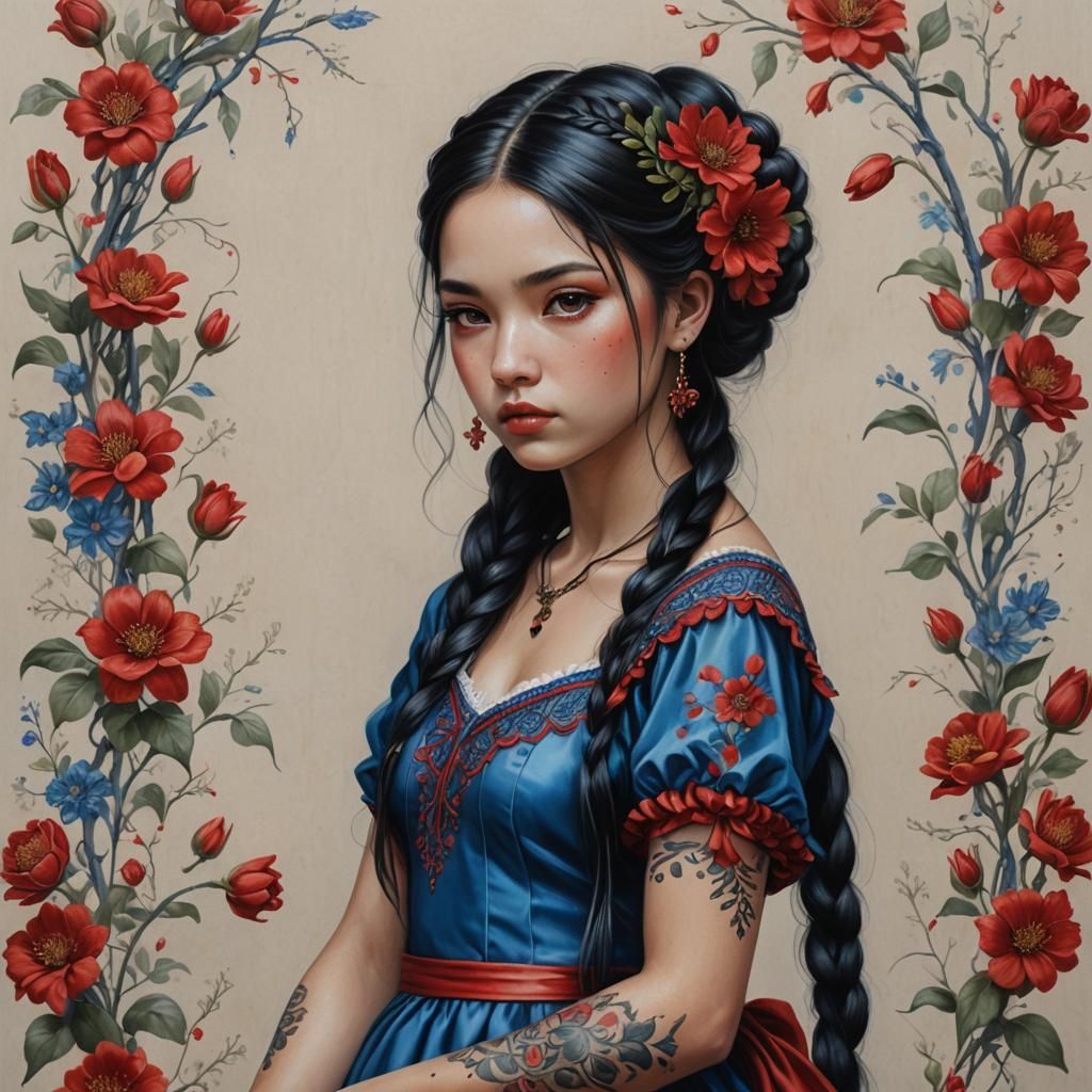 Dreamy Girl with Red Flowers: Hyperrealistic Oil Painting
