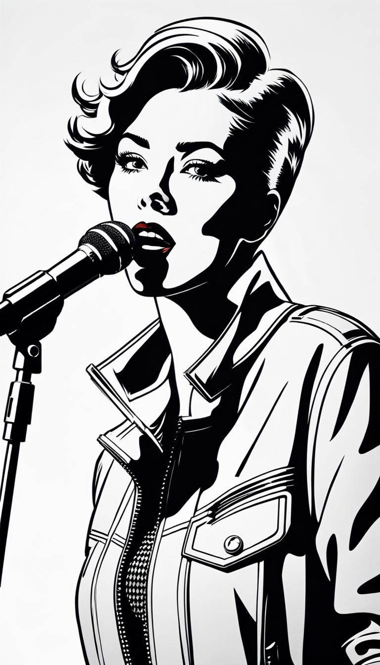 Retro Sci-Fi Singer in Monochromatic Line Art