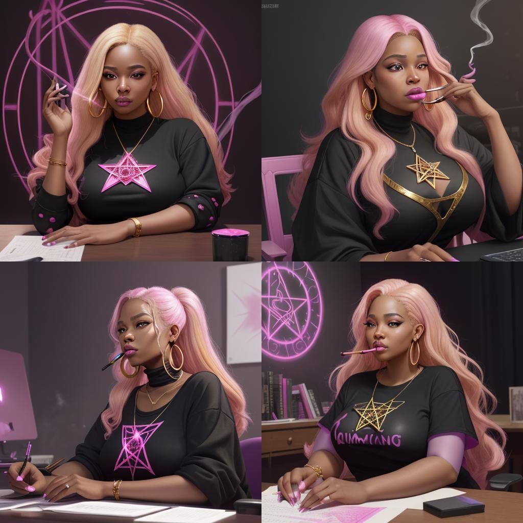 Honey-Toned Woman in Colorful Office, Detailed Matte Paintin...