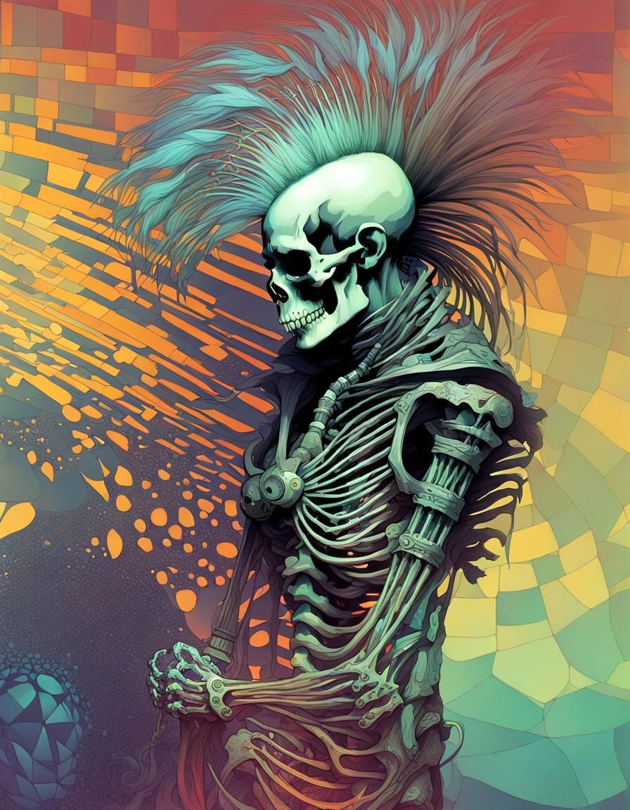 Skeleton Man with Mohawk in Mucha-Inspired Style