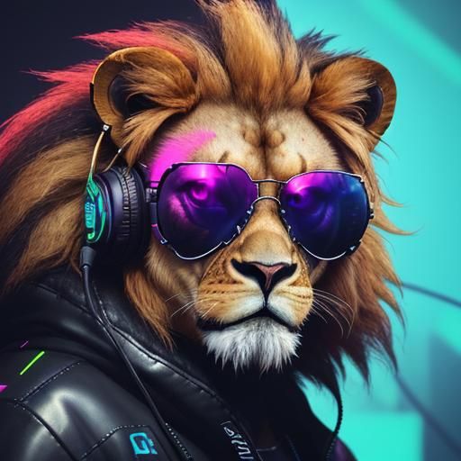 Lion with sunglasses in a neon cyberpunk setting.