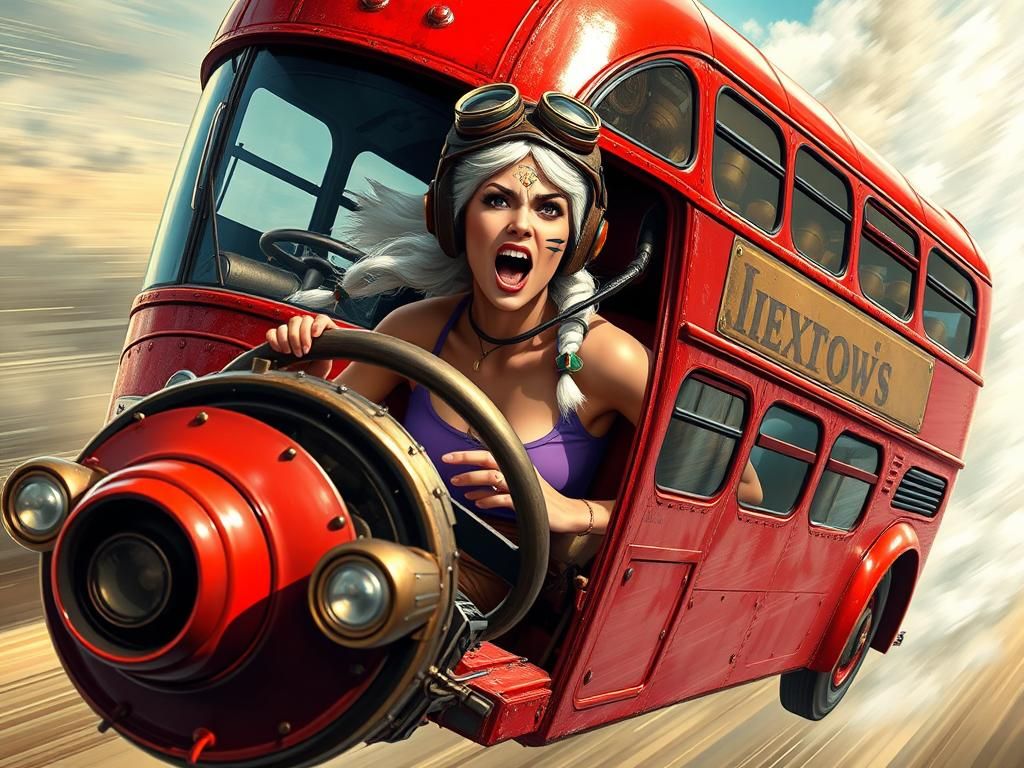 Steampunk Flying Bus with Pilot in Hyperrealistic Style