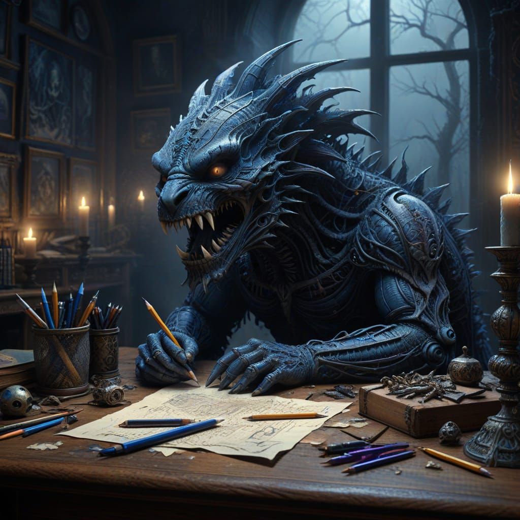 Dark Fantasy Creature Gnaws on Pencil in Ominous Study