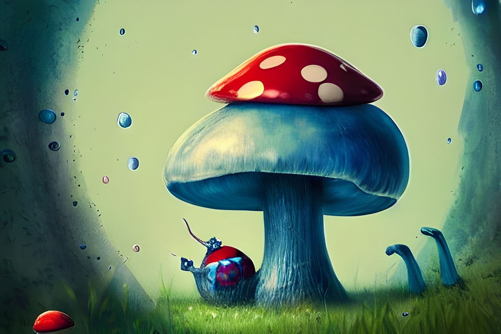 Blue Caterpillar on Mushroom in Wonderland